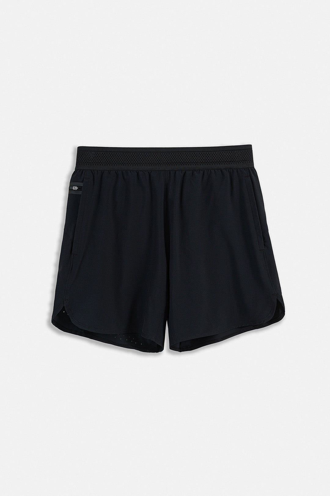 Image of Black athletic shorts with a wide elastic waistband and side pockets, shown flat against a light gray background.