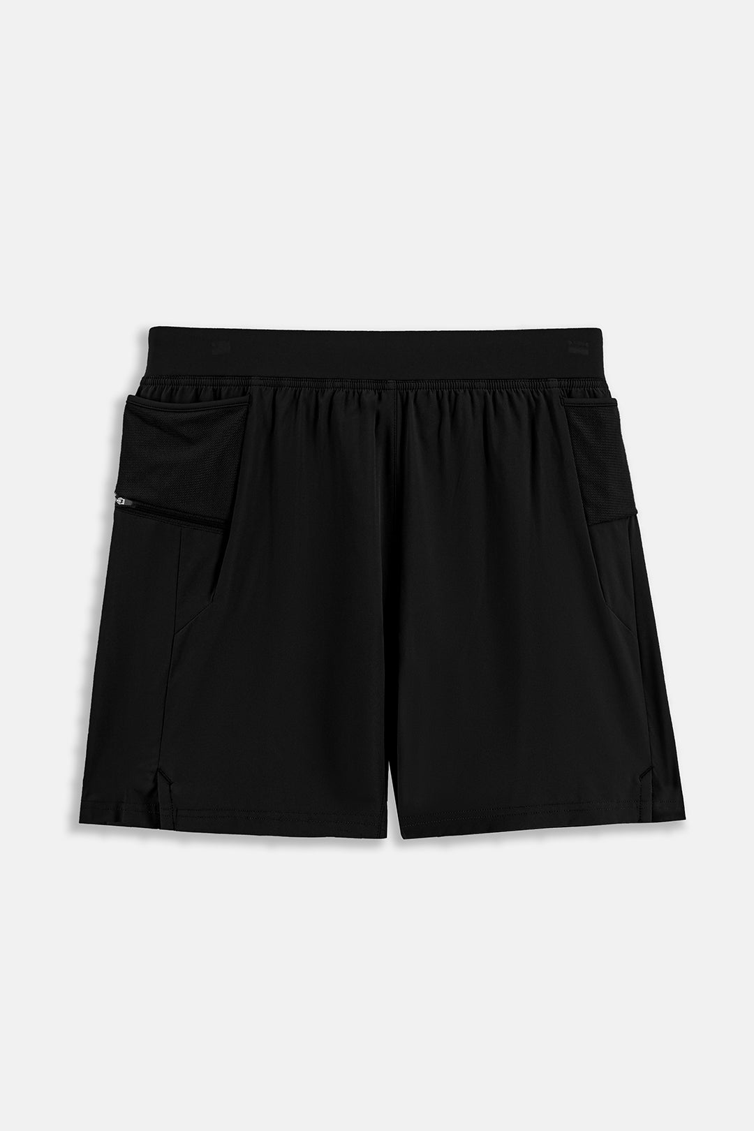 Image of Black athletic shorts with an elastic waistband and side pockets, shown flat against a light gray background.