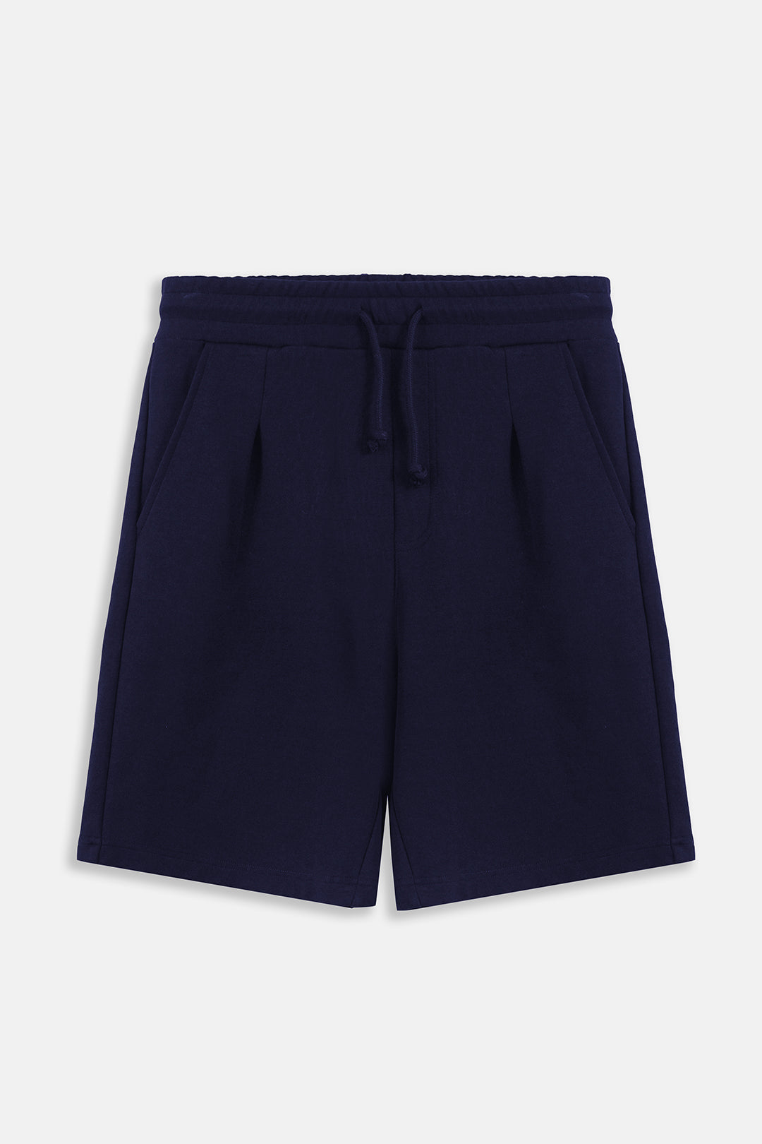 Navy blue sweat shorts with an elastic drawstring waistband, displayed flat against a light gray background.