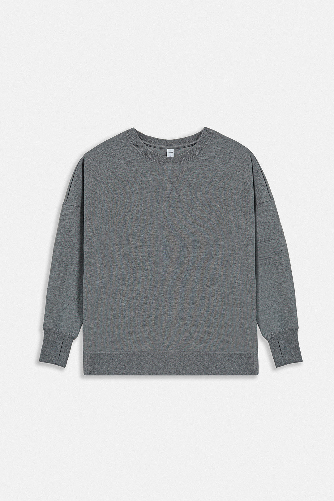 A dark gray heather crewneck sweatshirt with long sleeves and ribbed cuffs, displayed flat against a light gray background.