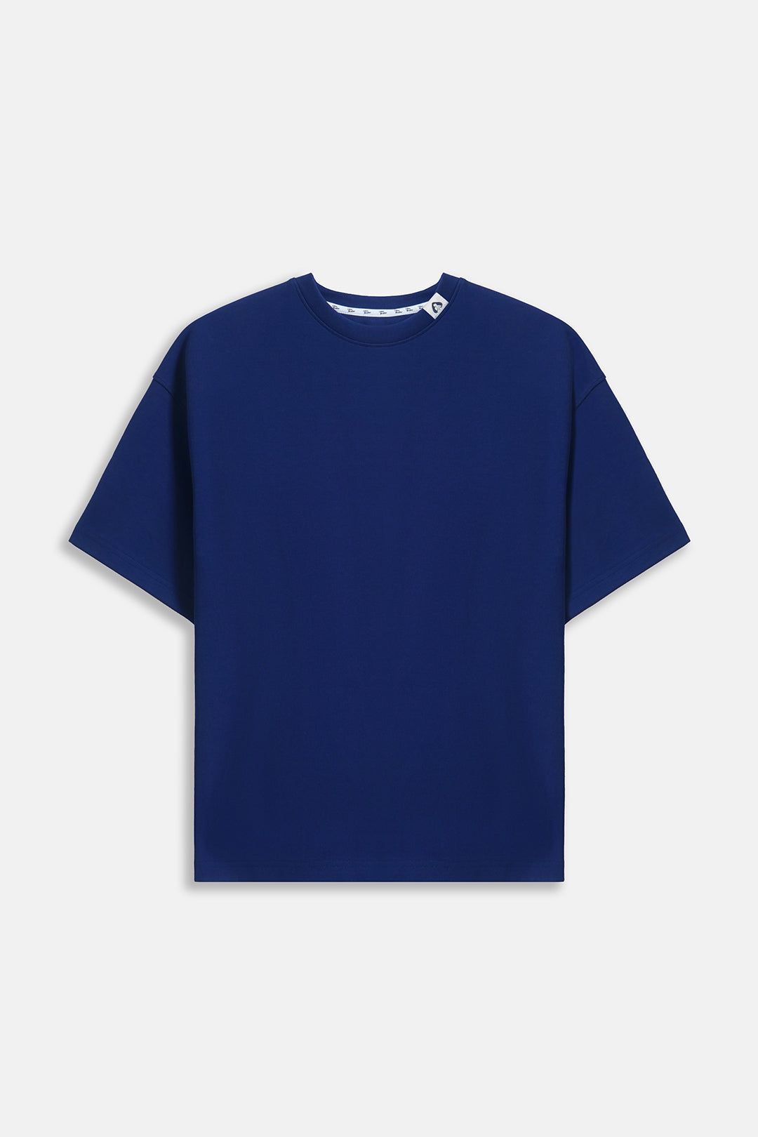 Image of A solid navy blue short-sleeve crewneck t-shirt displayed flat against a light gray background.