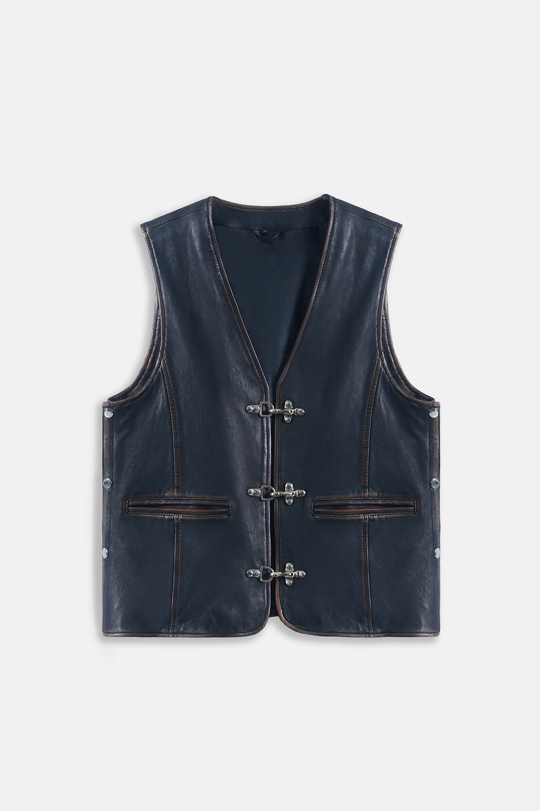 A dark navy blue leather vest with silver-toned toggle closures and metal studs, displayed flat against a light gray background.