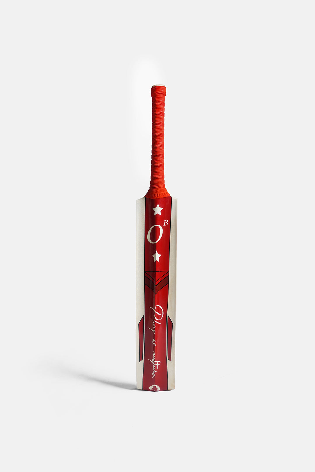 Image of A red and white cricket bat standing vertically against a light gray background, featuring the brand name 'Odissea' and a white 'O' logo on the blade.