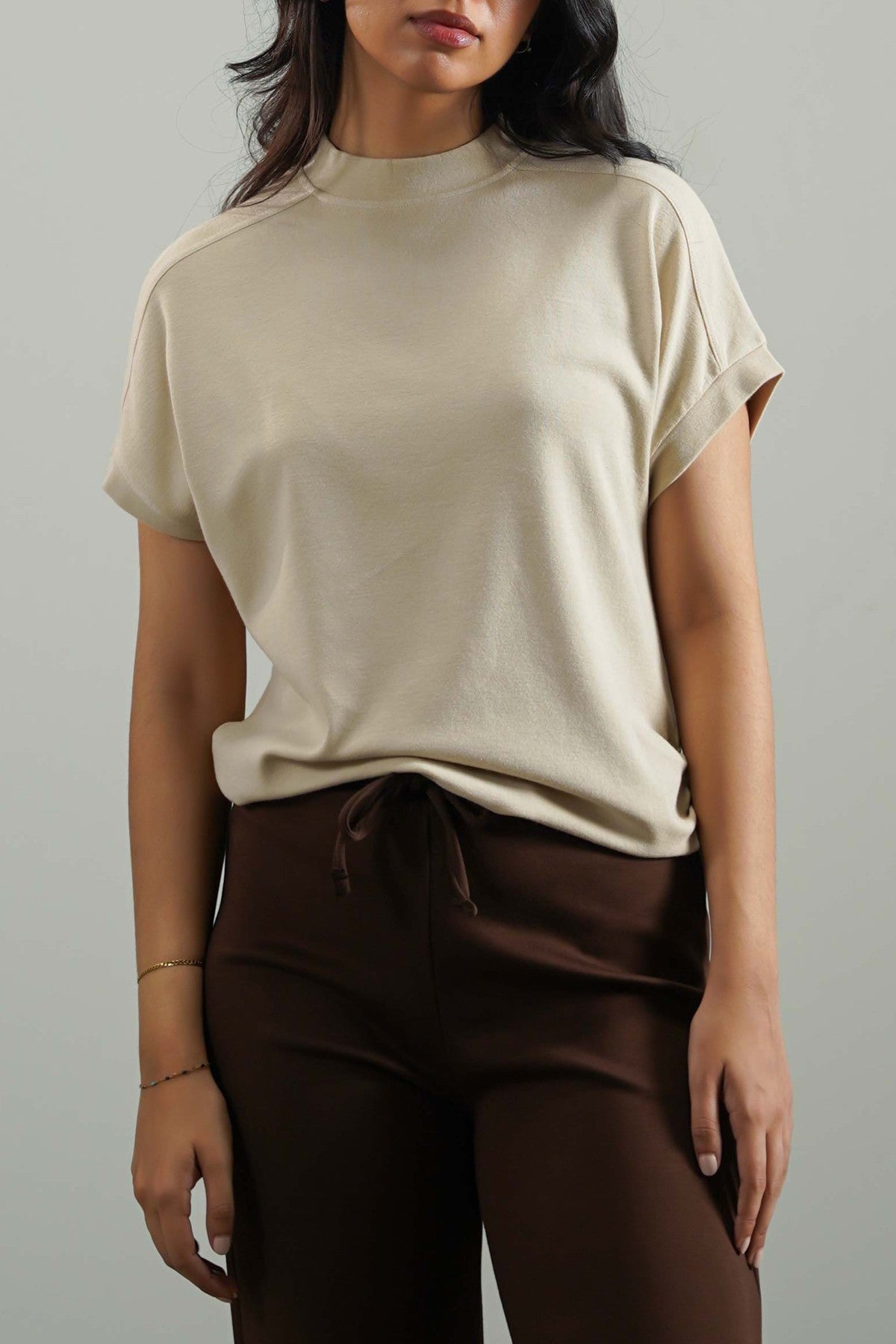 Image of BEIGE FUNNEL NECK KNIT TOP