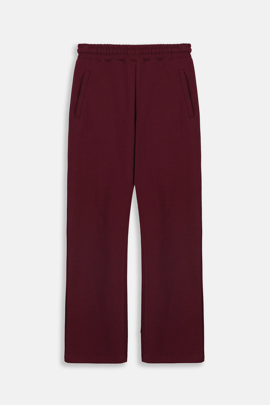 A pair of dark burgundy wide-leg sweatpants with an elastic waistband and side pockets, shown flat against a light gray background.