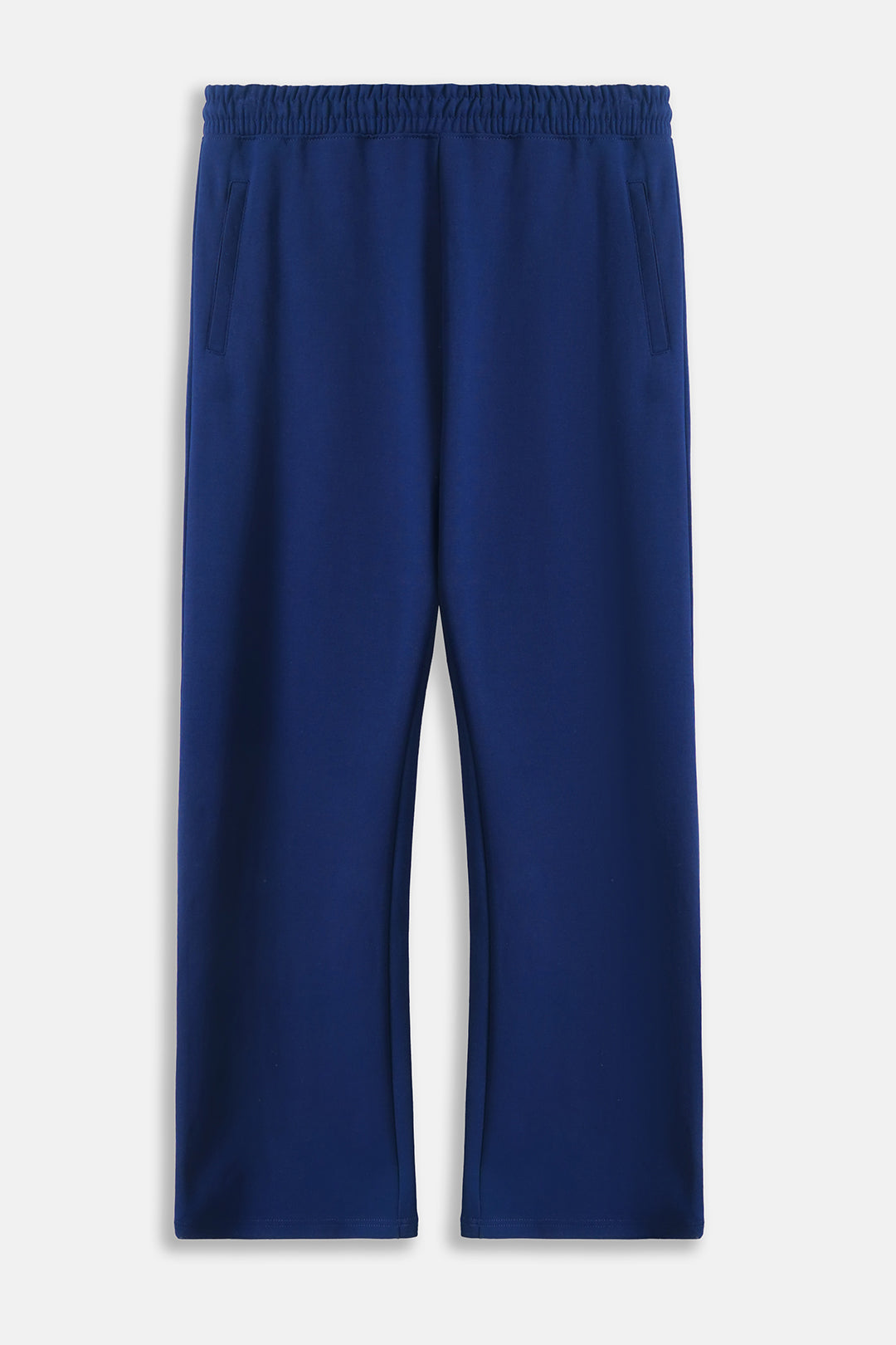 Image of A pair of solid navy blue wide-leg pants with an elastic waistband, displayed flat against a light gray background.