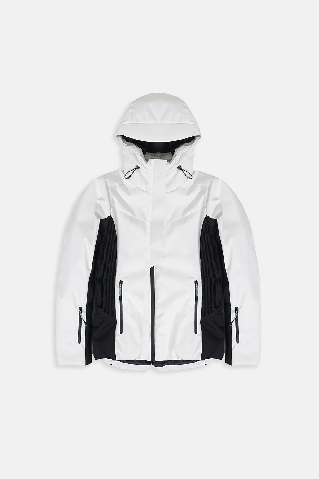 A white and black color-blocked hooded ski jacket with a full front zipper and zippered hand pockets, shown against a light gray background.