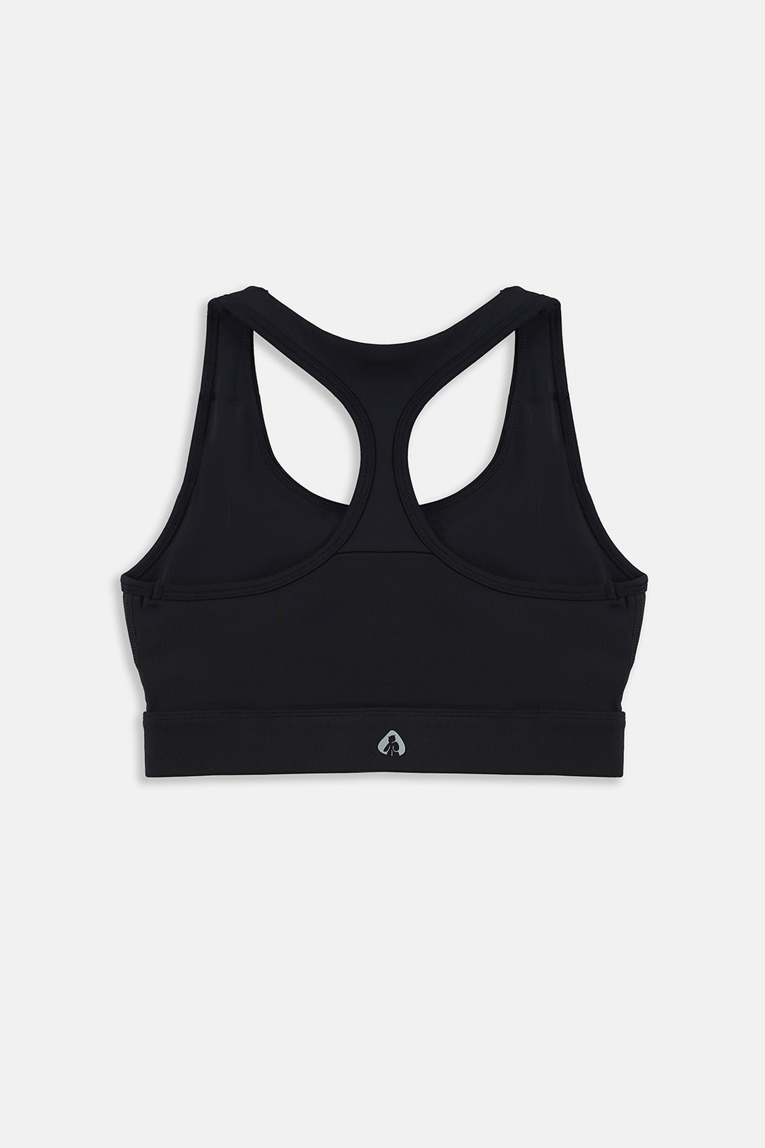 A black athletic sports bra with a racerback-style design and double-strap back, shown flat against a light gray background.