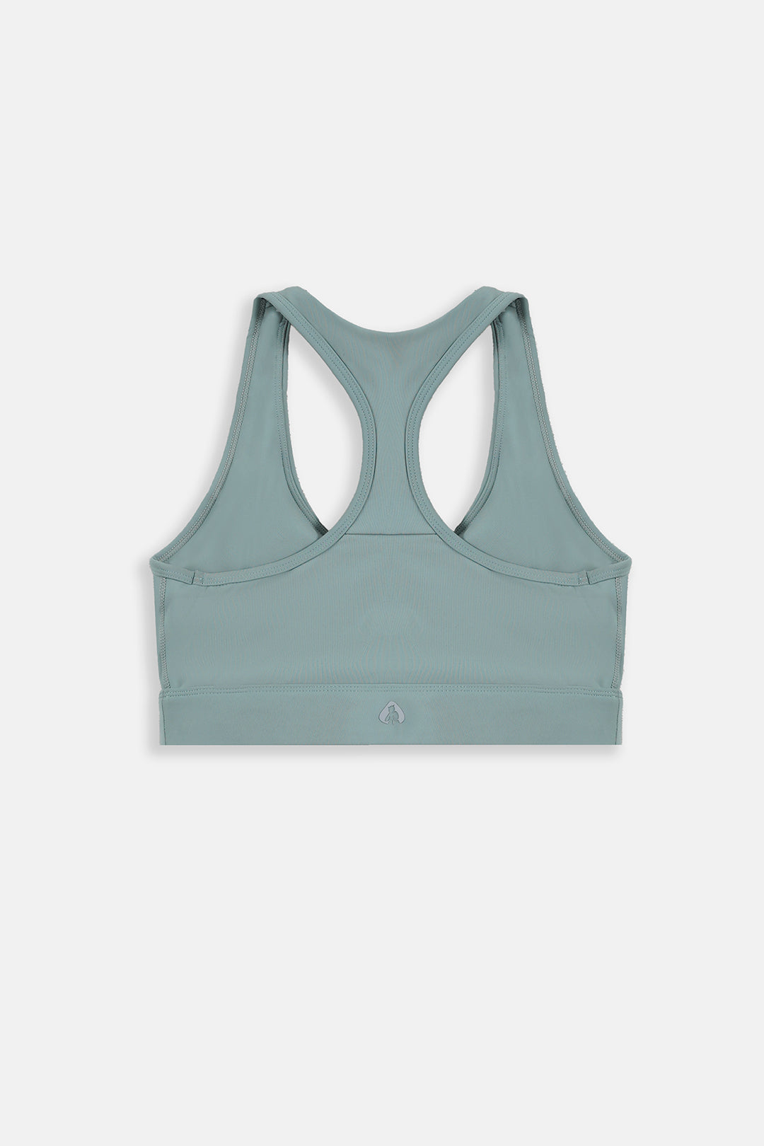 Image of A sage green racerback sports bra shown from the back on a light gray background.