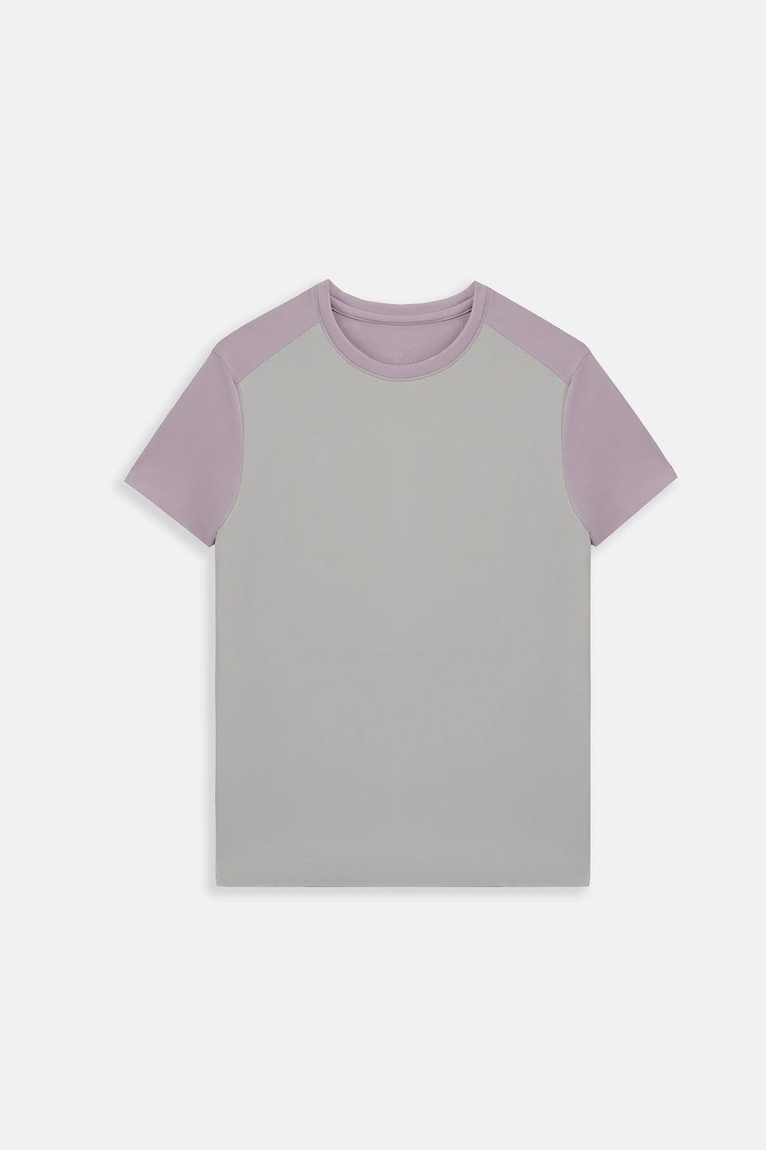 Image of A short-sleeve colorblock t-shirt with a light gray body and lavender purple sleeves, shown flat against a light gray background.