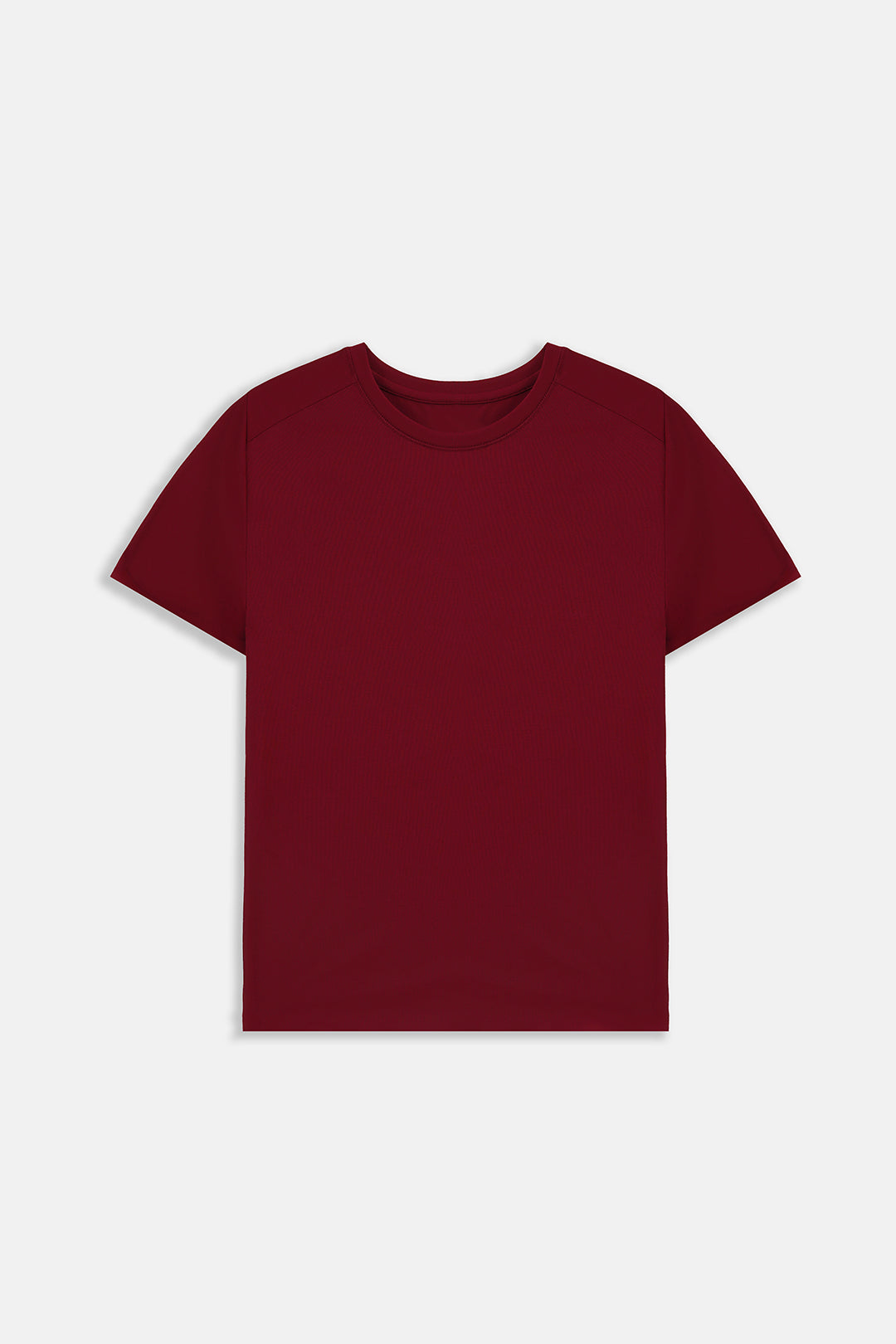 Image of A classic short-sleeve crewneck t-shirt in deep burgundy, presented flat against a light gray background.