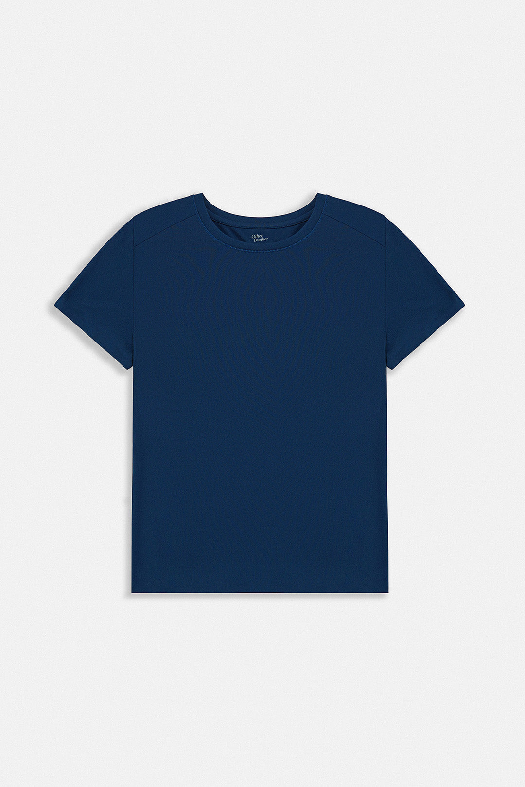 Image of A navy blue short-sleeve crewneck t-shirt displayed flat against a light gray background.