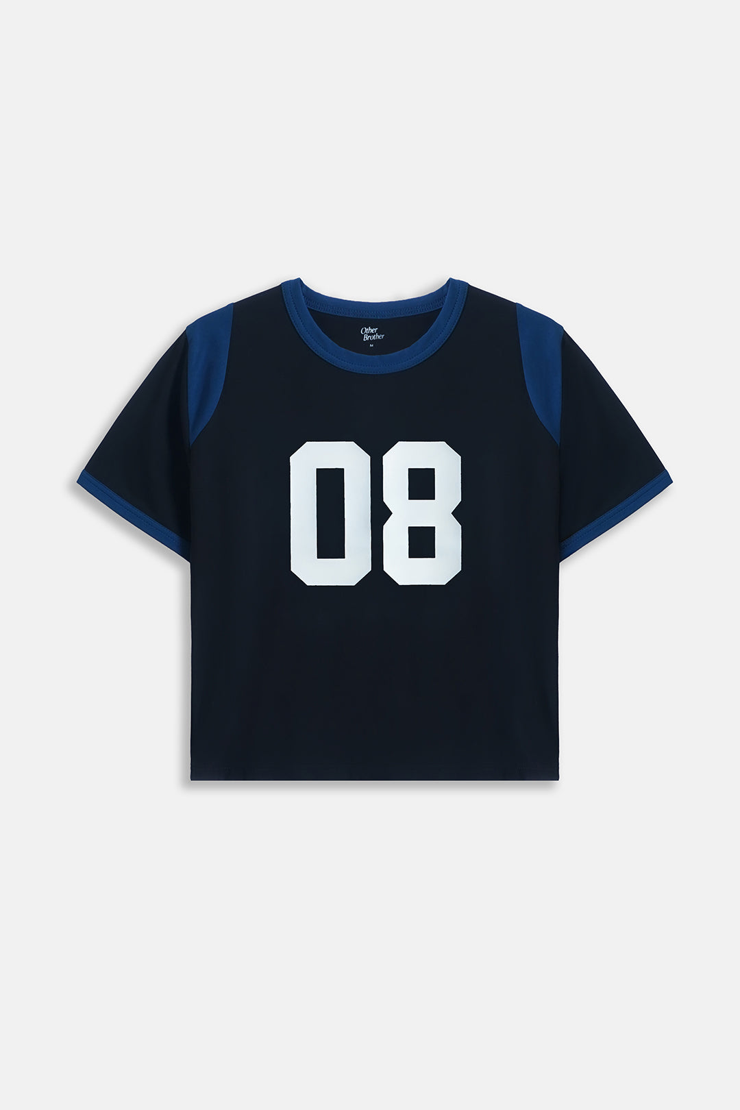 A navy blue short-sleeve t-shirt with royal blue ribbed trim on the collar and sleeves, featuring the number '08' printed in white on the front.
