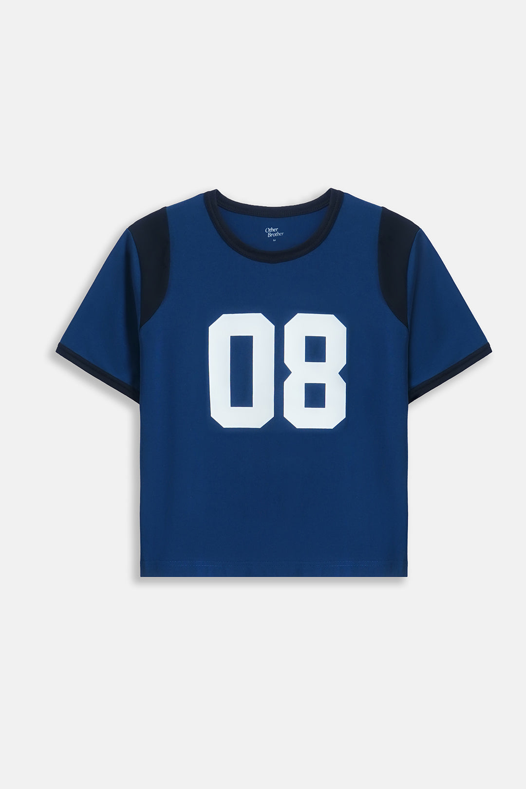 Image of A royal blue short-sleeve t-shirt with dark navy shoulder panels and black ringer trim, featuring a large white '08' printed on the front, shown against a light gray background.
