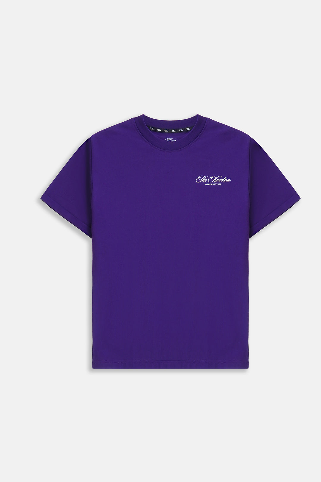 A purple short-sleeve crewneck t-shirt with a small white embroidered 'St. Laurent London' logo on the left chest, displayed on a clean light gray background.
