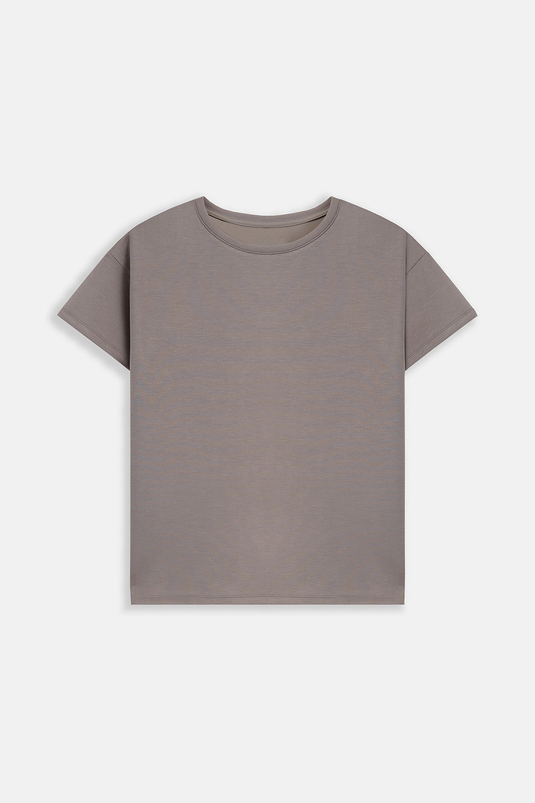A short-sleeve crewneck t-shirt in a muted taupe-gray color, presented flat against a light gray background.