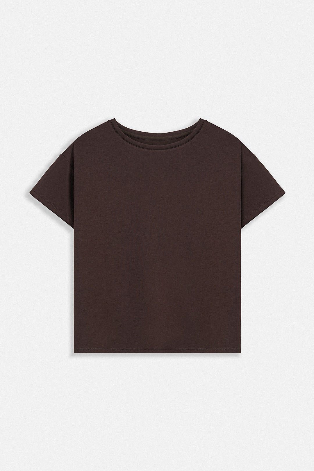 A dark brown short-sleeve crewneck t-shirt displayed flat against a light gray background.