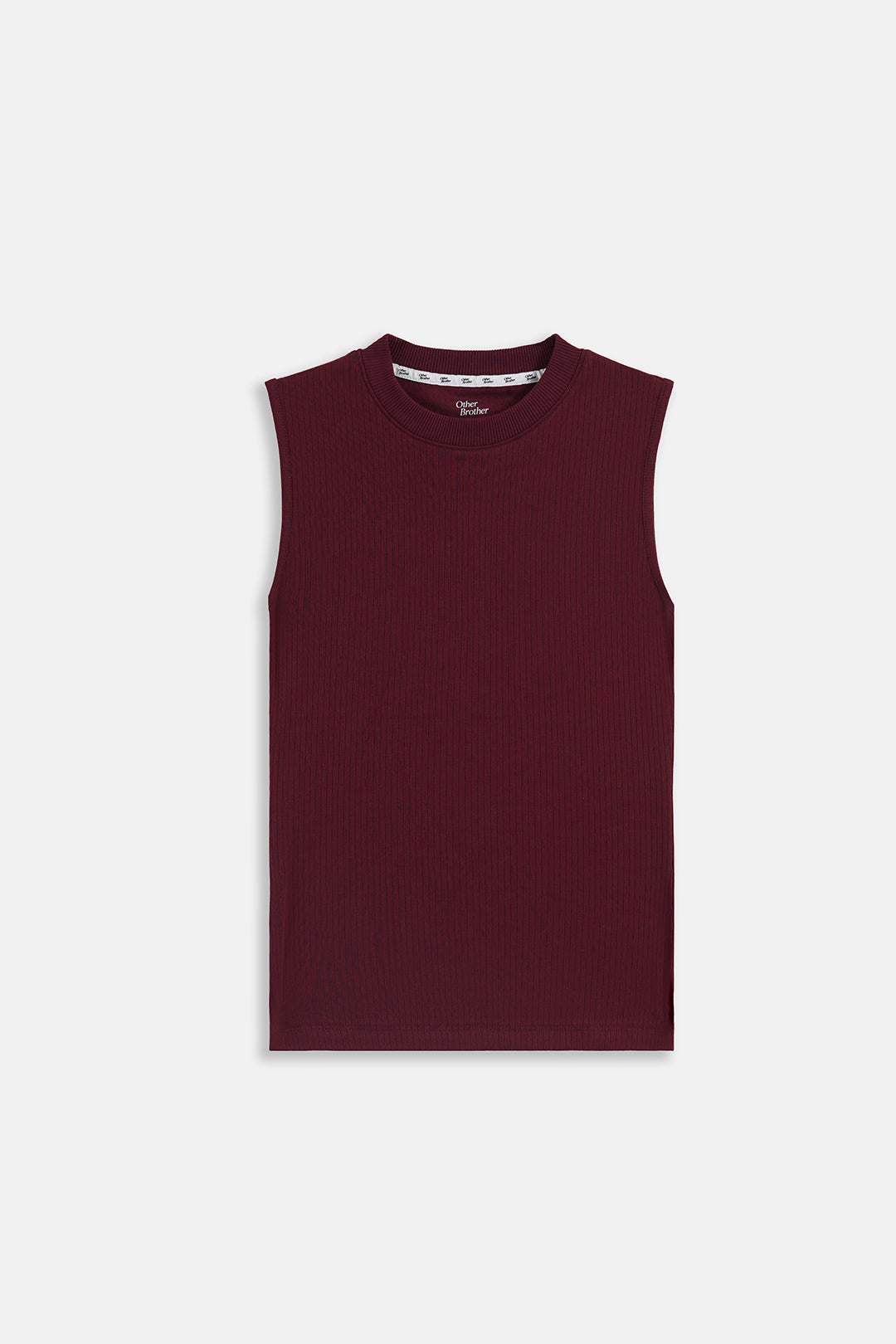 A sleeveless ribbed knit top in deep burgundy, displayed flat against a light gray background.