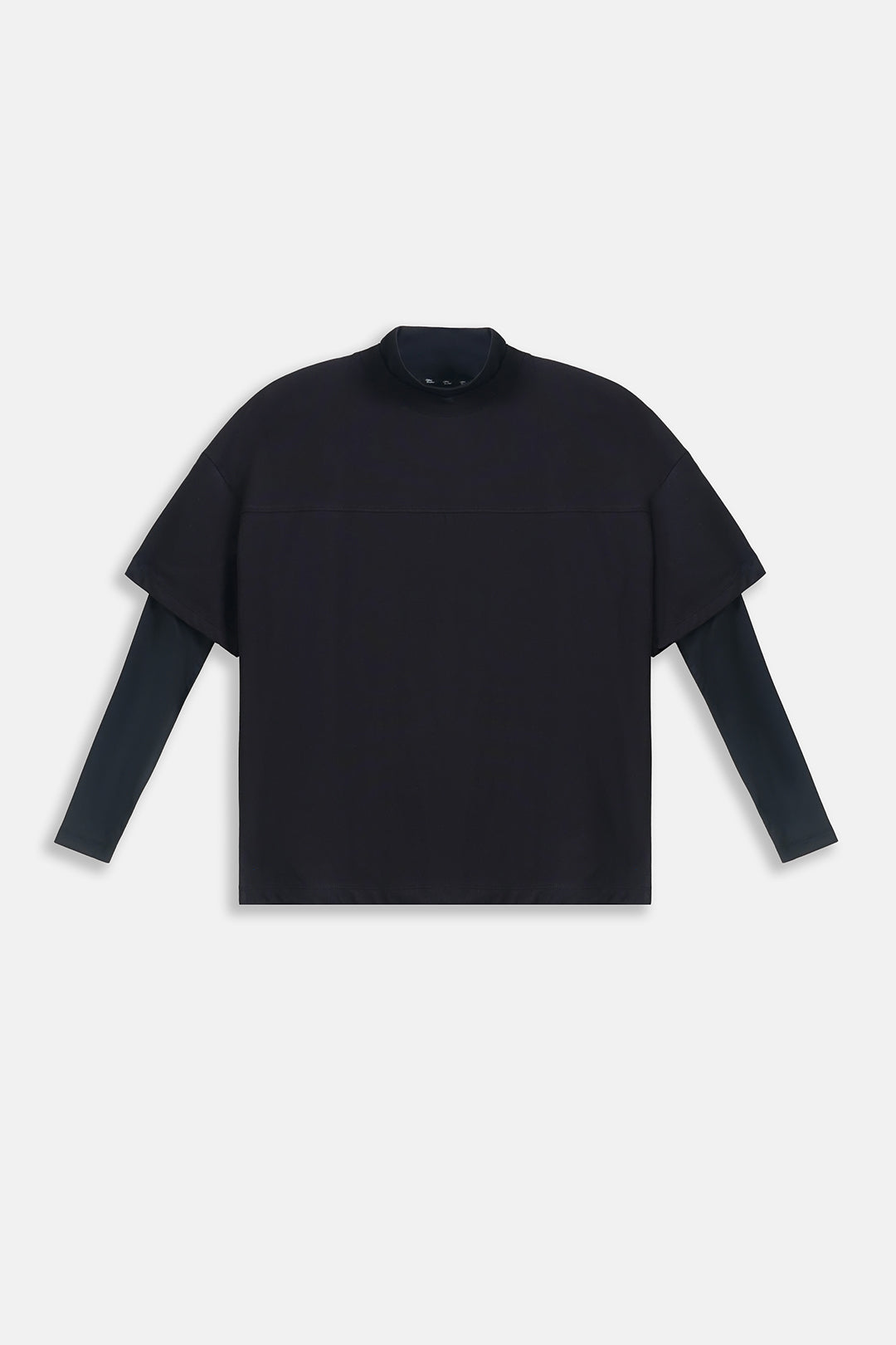A black long-sleeve mock neck top with a cropped, boxy silhouette and layered short sleeves, shown flat on a light gray background.