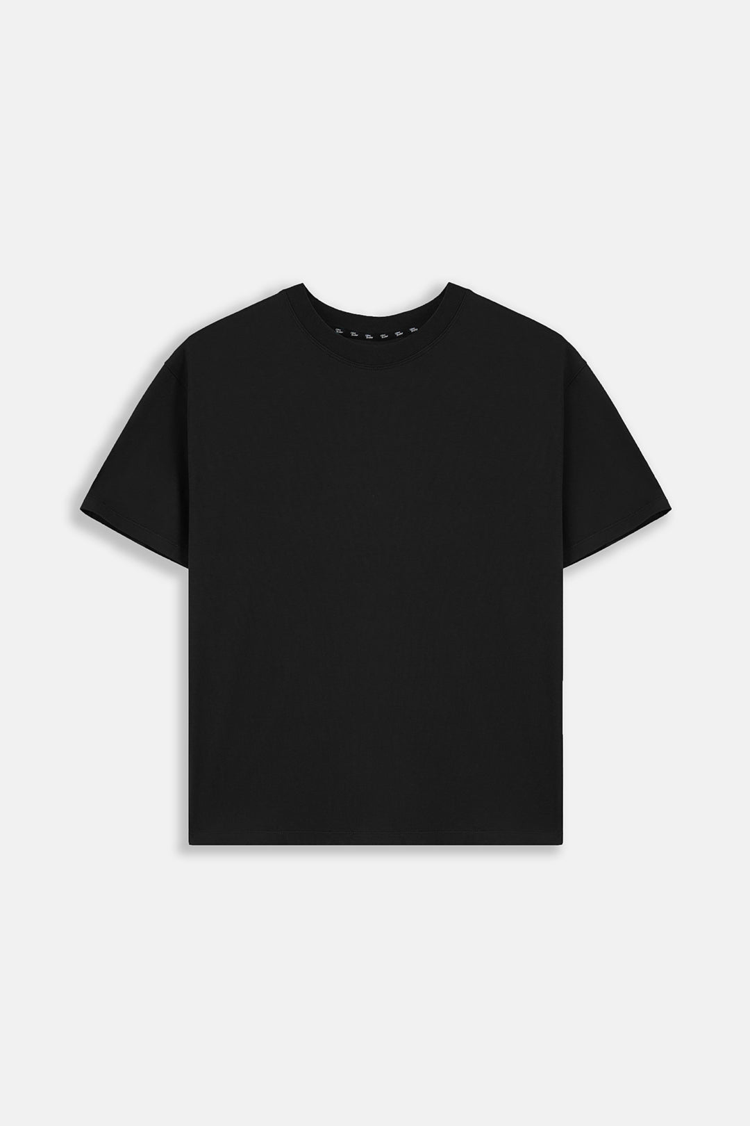 Image of A black short-sleeve crewneck t-shirt with a small row of silver studs across the inner collar, displayed flat against a light gray background.