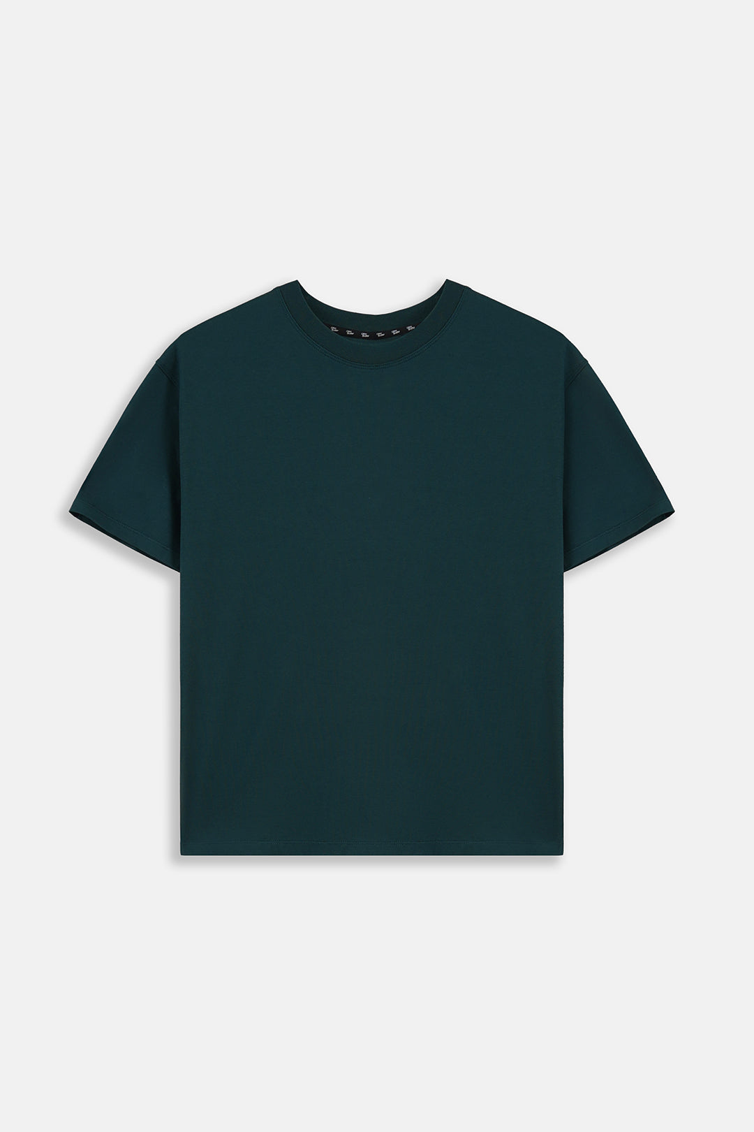 Image of Green t-shirt with a small logo on a white background