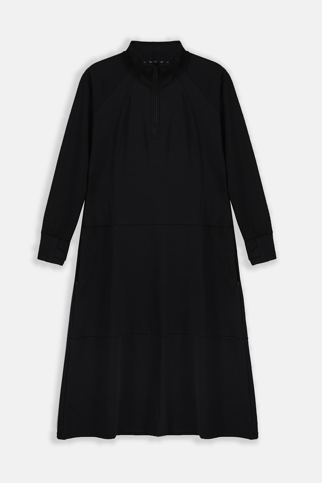 A black long-sleeve dress with a mock neck and half-zip front, displayed against a light gray background.