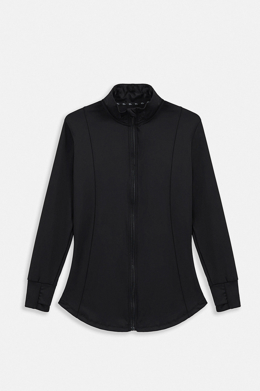 Image of A black long-sleeve zip-up jacket with a mock neck collar, displayed on a clean light gray background.