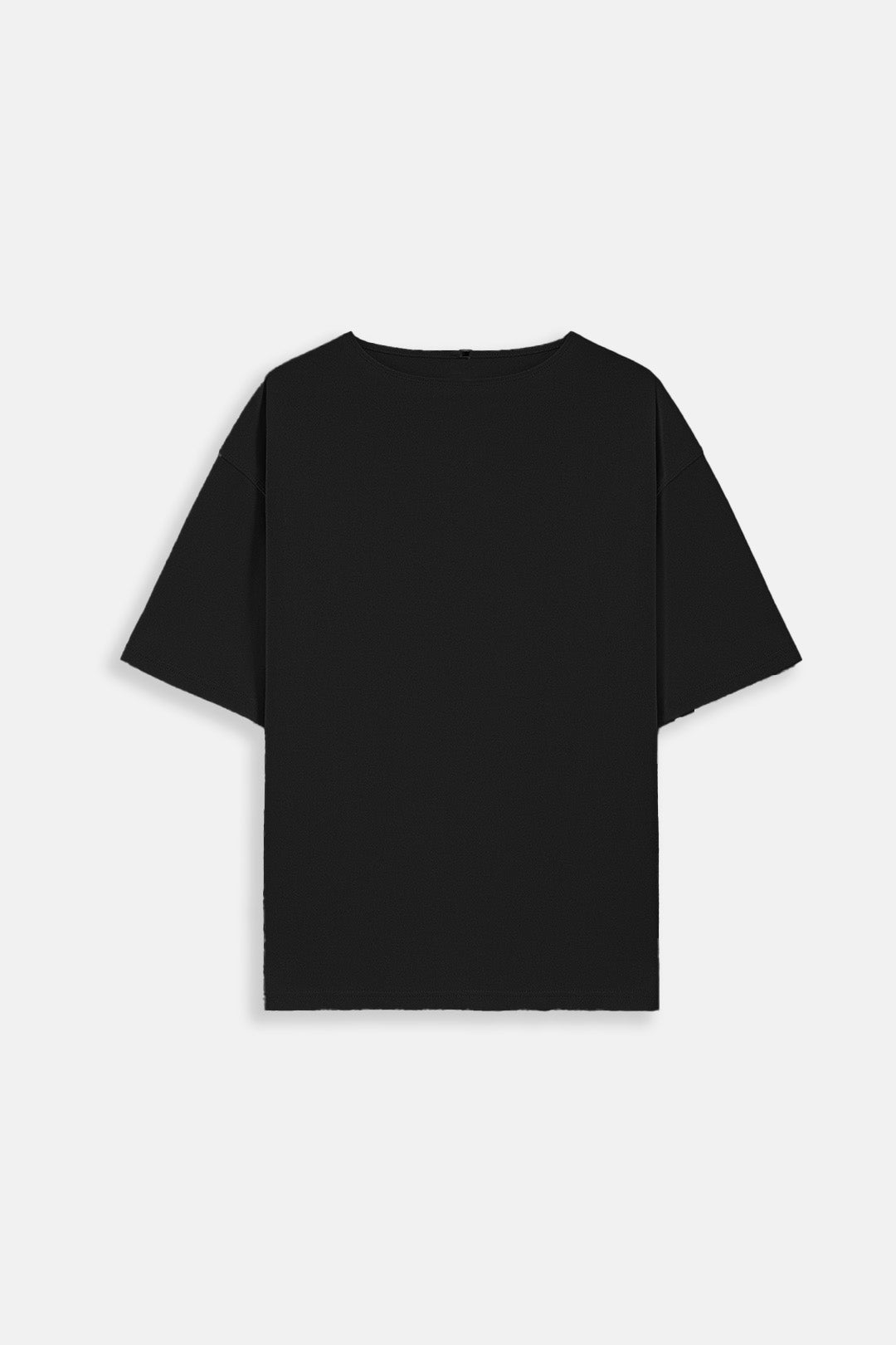 A plain black short-sleeve t-shirt with a wide boat neckline, displayed flat against a light gray background.