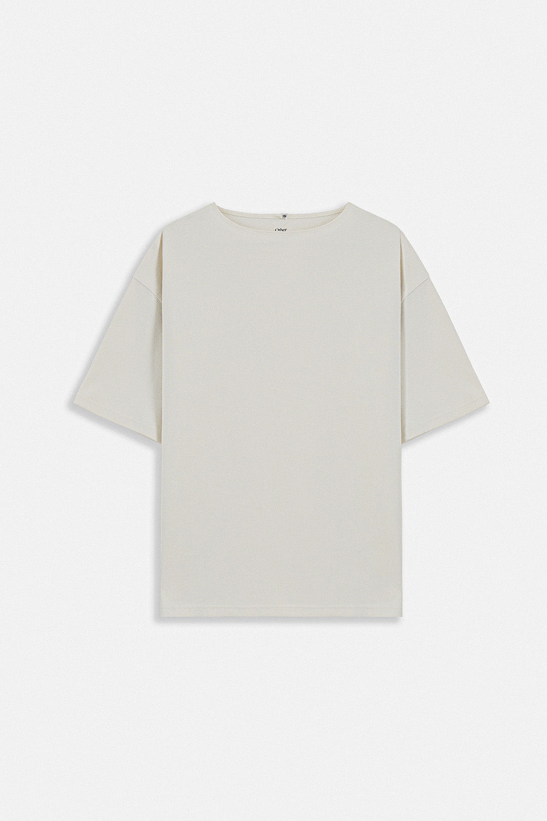 Image of A plain short-sleeve crewneck t-shirt in a light cream or off-white color, displayed flat against a light gray background.