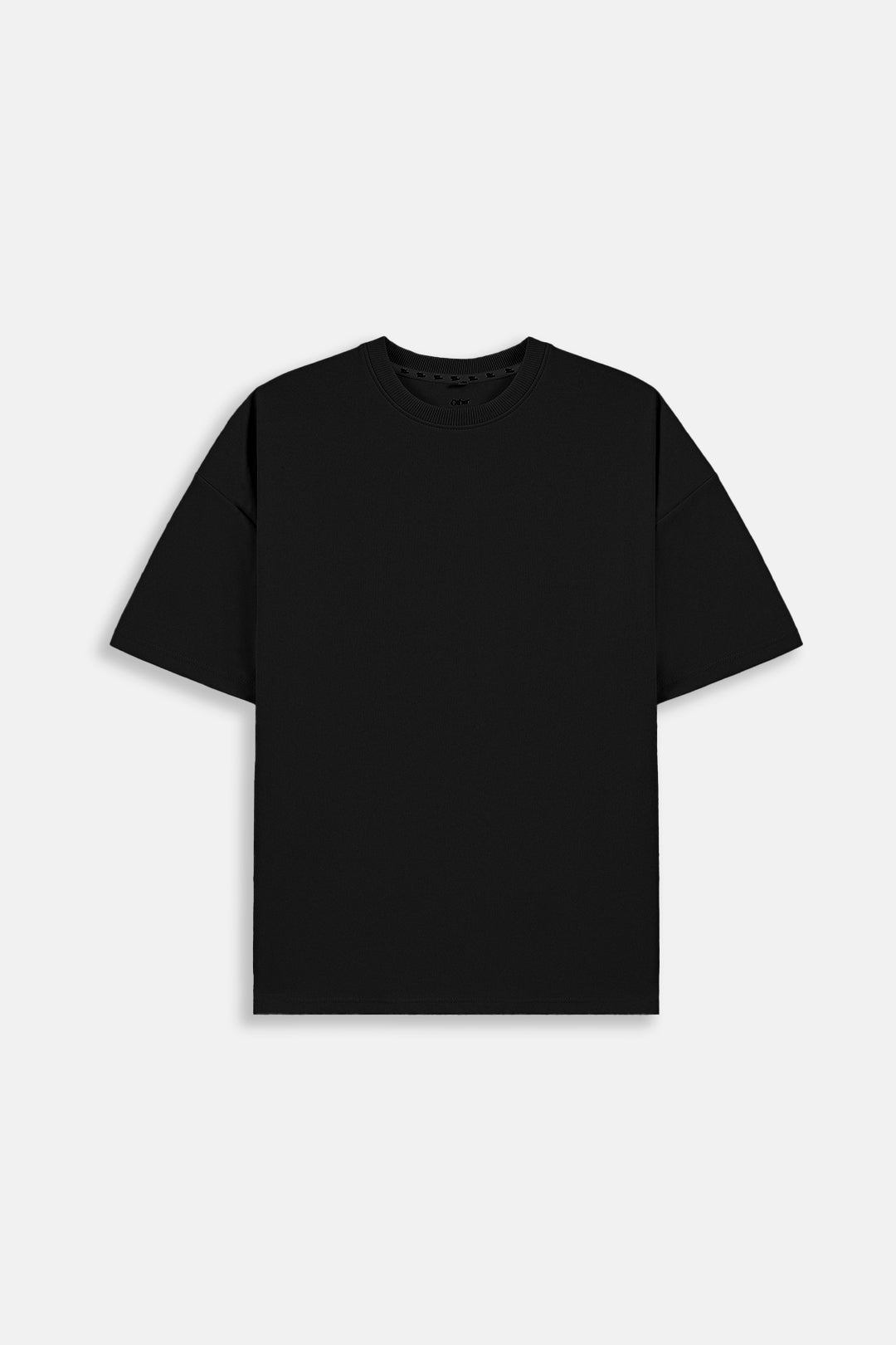 A plain black short-sleeve crewneck t-shirt displayed flat against a light gray background.